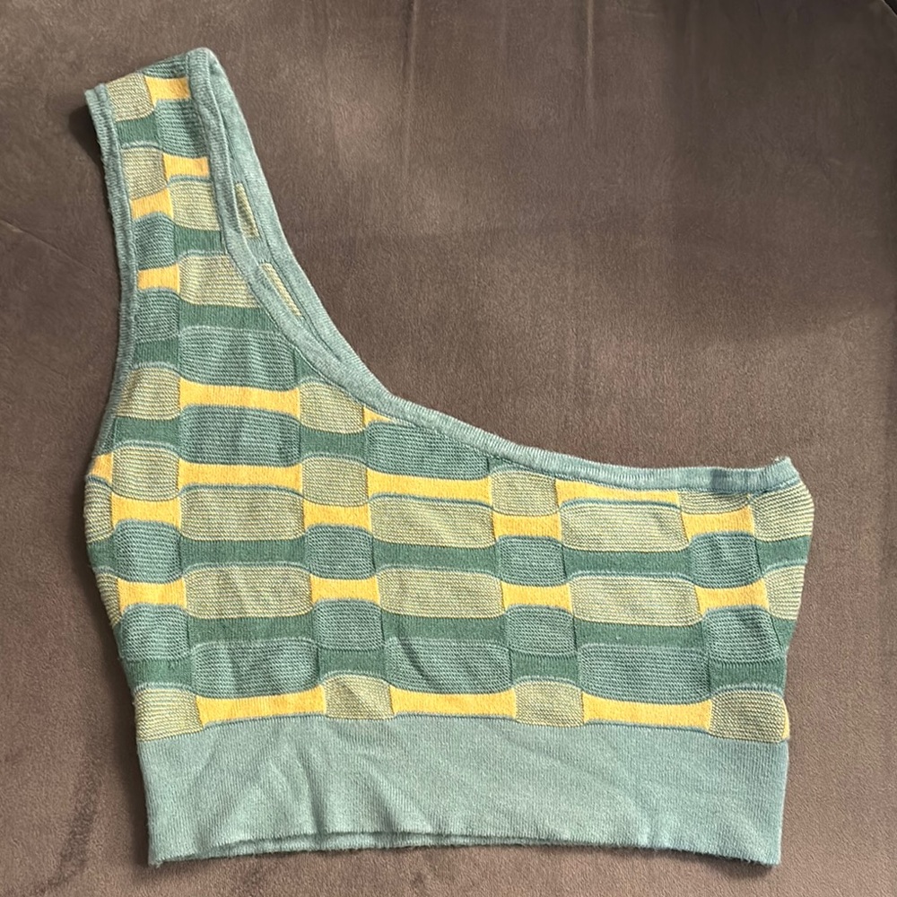 Cotton On One Shoulder Sweater Cropped Top | Size XS | Green and Yellow